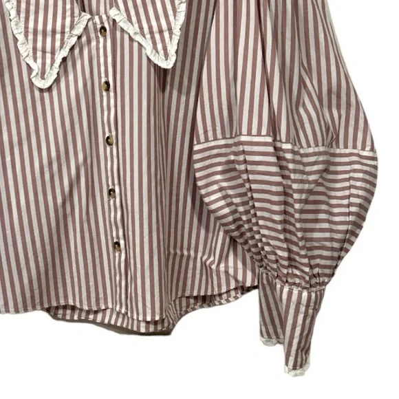 Free People Bexley Cotton Striped Blouse Button Up Puffed Sleeve Lace NEW M - Picture 9 of 15
